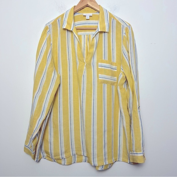 J. Jill Love Linen Striped Long Sleeve Popover Shirt Yellow White Coastal Beachy - Picture 2 of 13